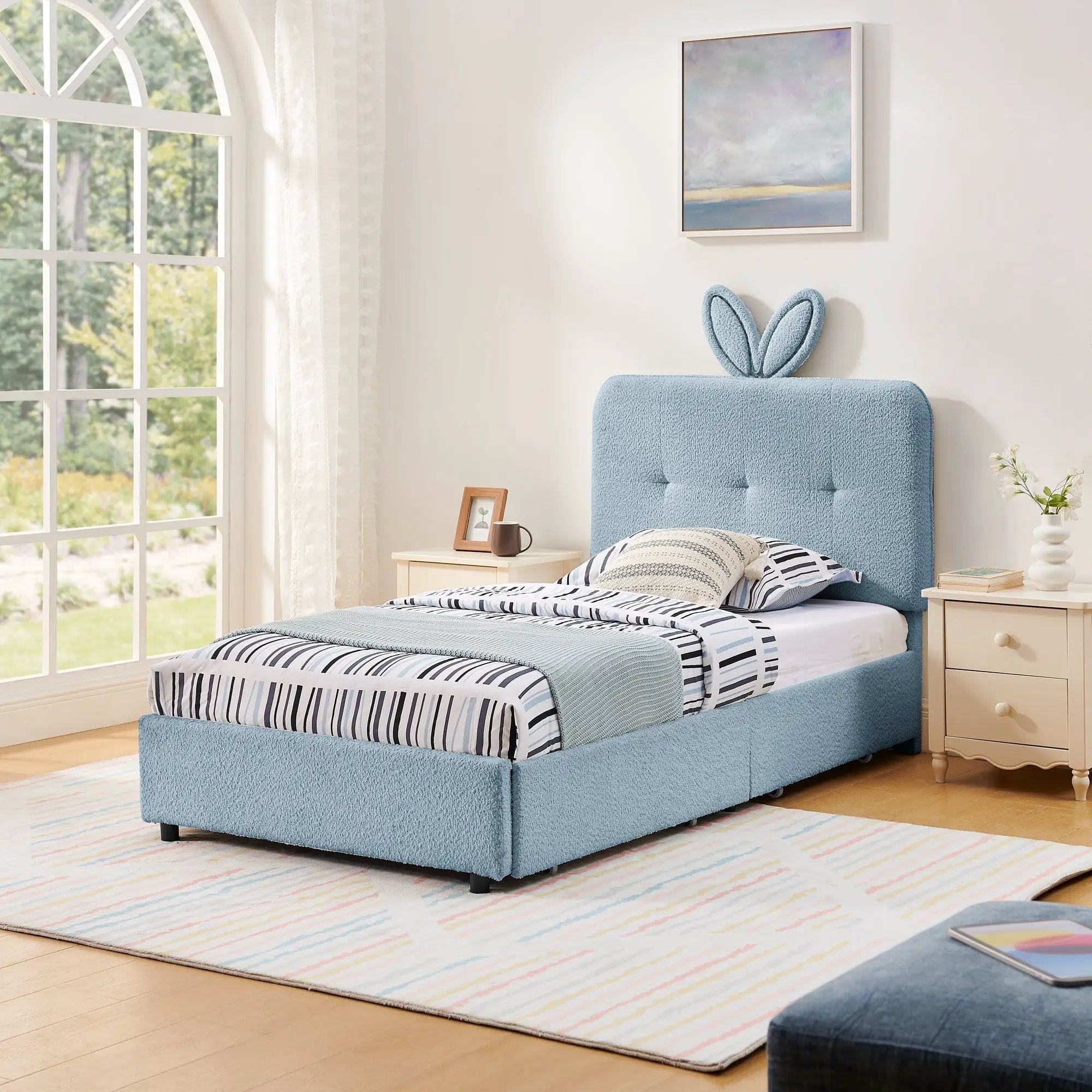 Twin Size Kids Upholstered Bed with Oversized Rabbit Ear Headboard by HouseOfZazla