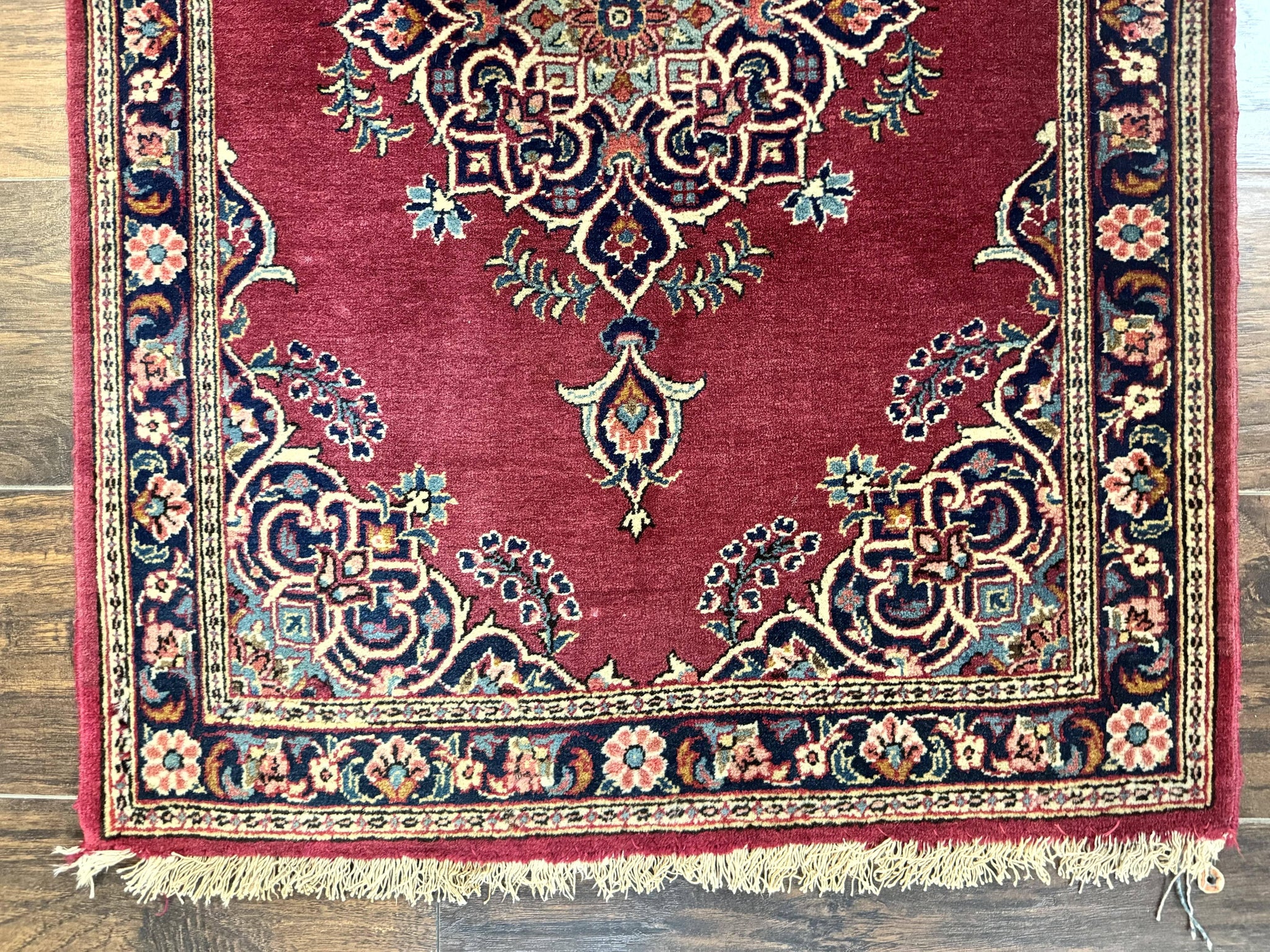 Small Persian Kashan Rug 2x3, Red and Navy Blue, Handmade Vintage Wool Semi Antique Persian Carpet, Semi Open Field by Jewel Rugs