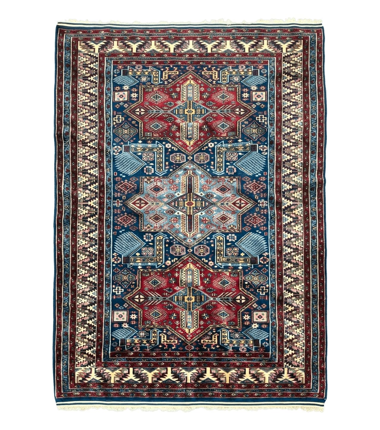 Indian Rug with Caucasian Design, 4x6 Geometric Carpet, Navy Blue and Cream by Jewel Rugs