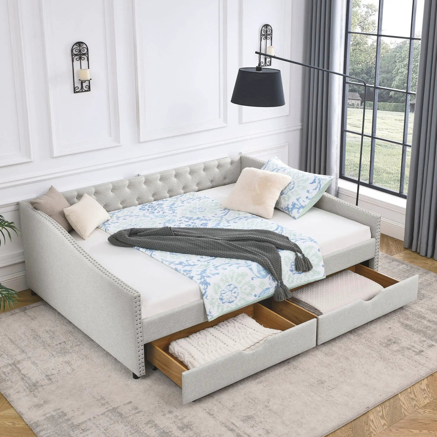 Upholstered Tufted Daybed With Drawers, Waved Arms by Unique Piece Furniture