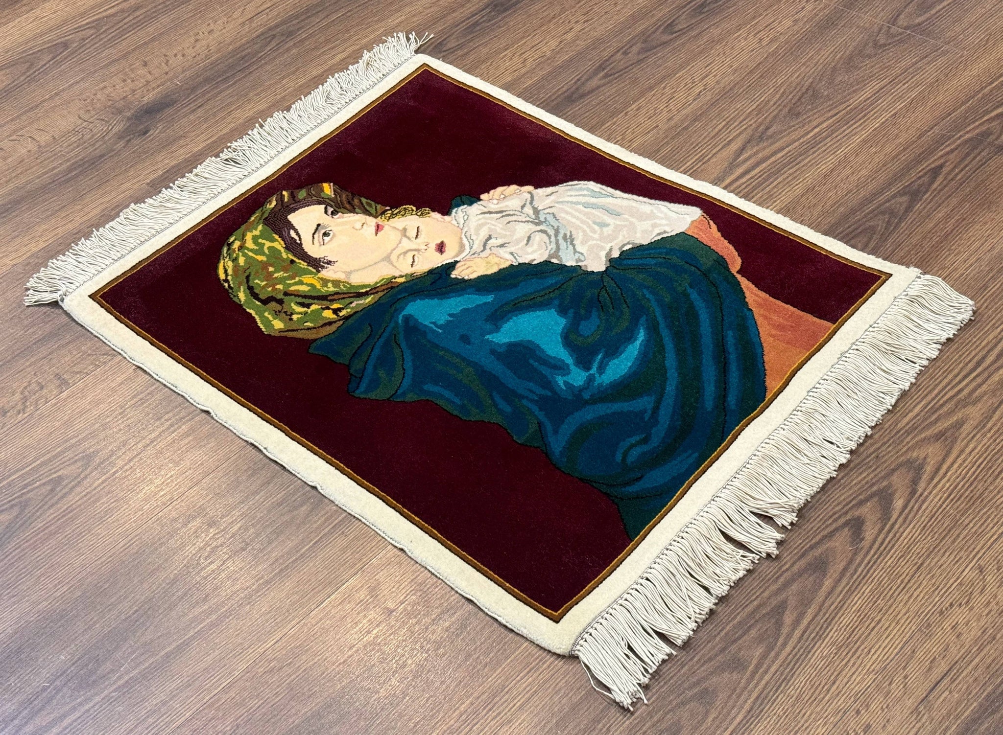 Small Persian Tabriz Pictorial Rug 2x2, Mother Holding Child, Very Fine 340 KPSI, Maroon by Jewel Rugs