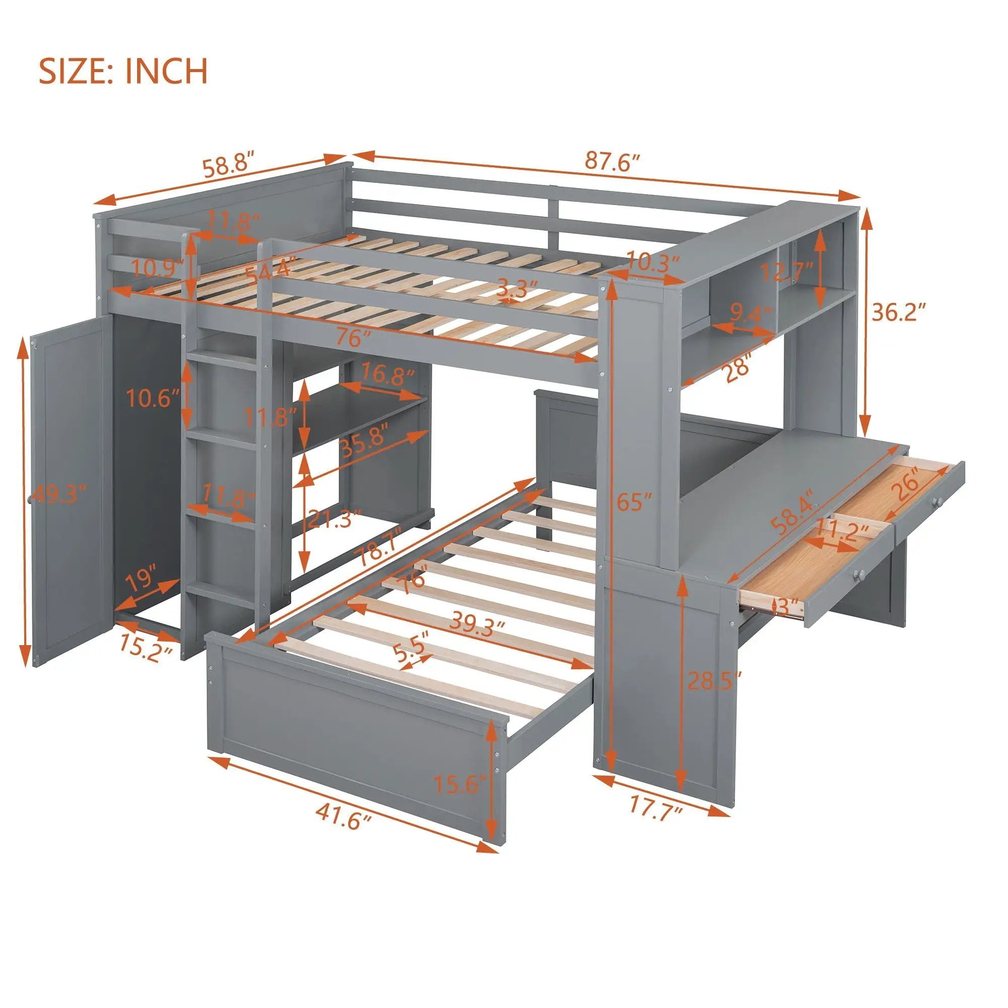 Loft Bed With A Twin Size Standalone Bed, Shelves, Desk, And Wardrobe