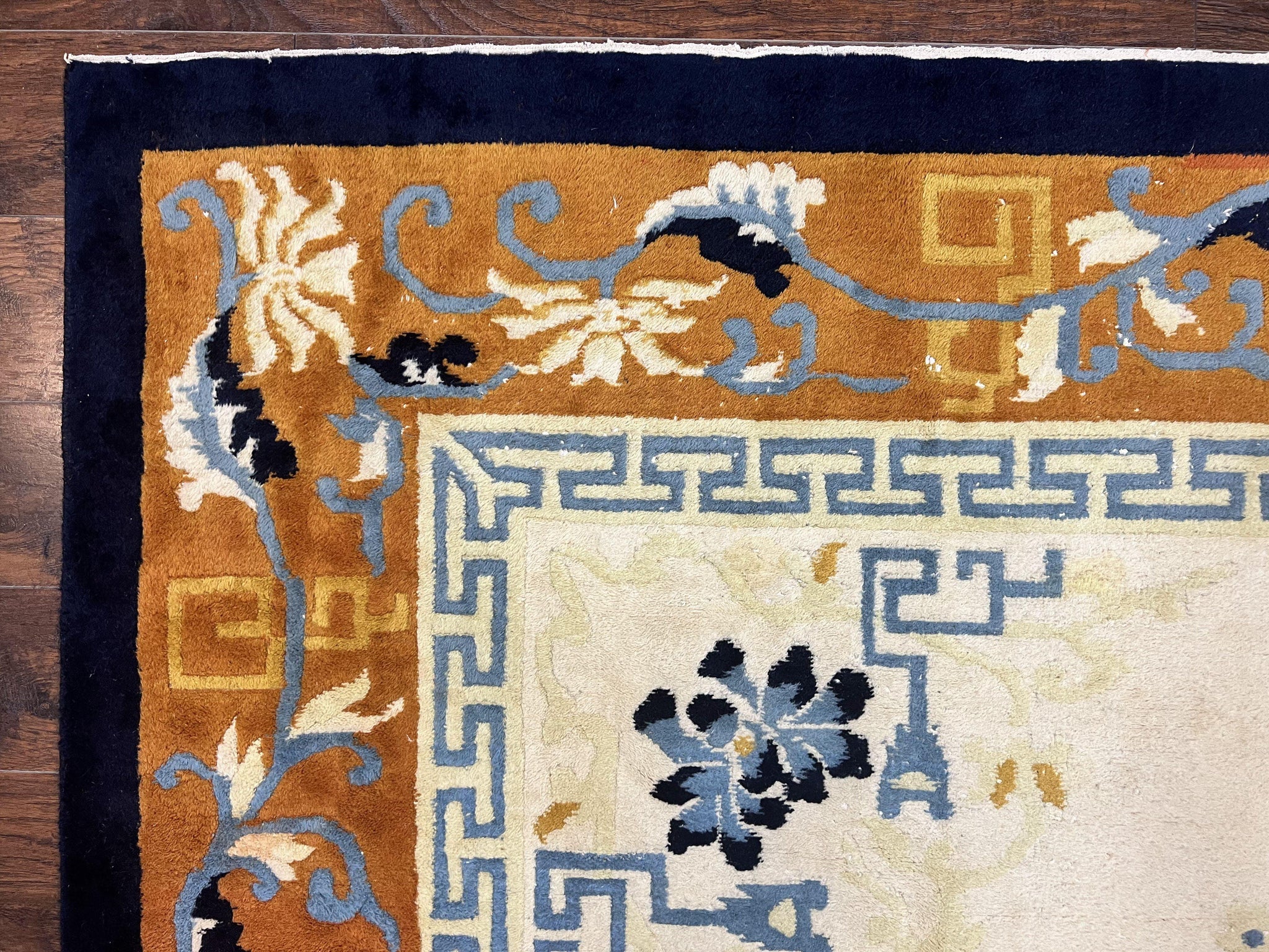Indo Chinese Rug 9x12, Asian Oriental Carpet 9 x 12, Cream & Burnt Orange, Handmade Wool Vintage Art Deco Rug by Jewel Rugs