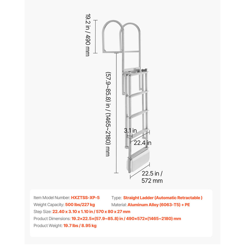 Retractable Dock Ladder, 5 Steps, Aluminum Alloy with Auto-Lift Float by HouseOfZazla
