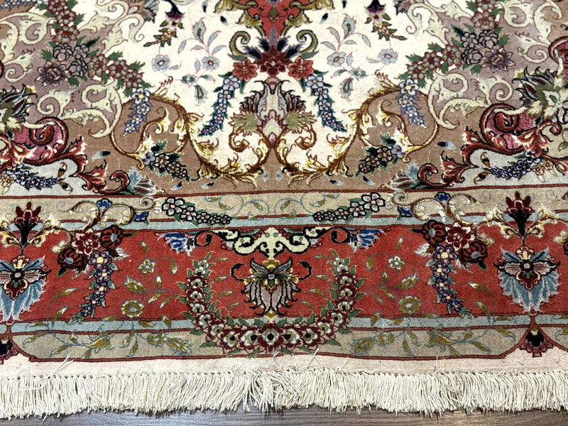 Wonderful Persian Tabriz Rug 5x7, Very Fine 440 KPSI, Ivory and Coral, Rare by Jewel Rugs