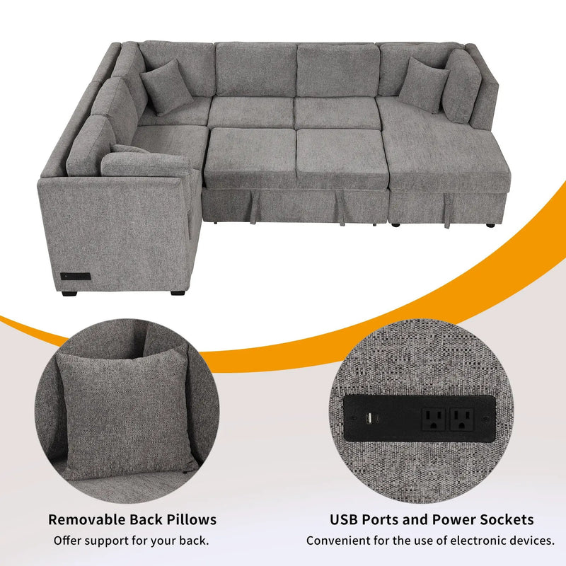 U-Shaped Sectional Sofa Pull Out Sofa Bed With Two USB Ports, Two Power Sockets, Three Back Pillows And A Storage Chaise For Living Room by Unique Piece Furniture