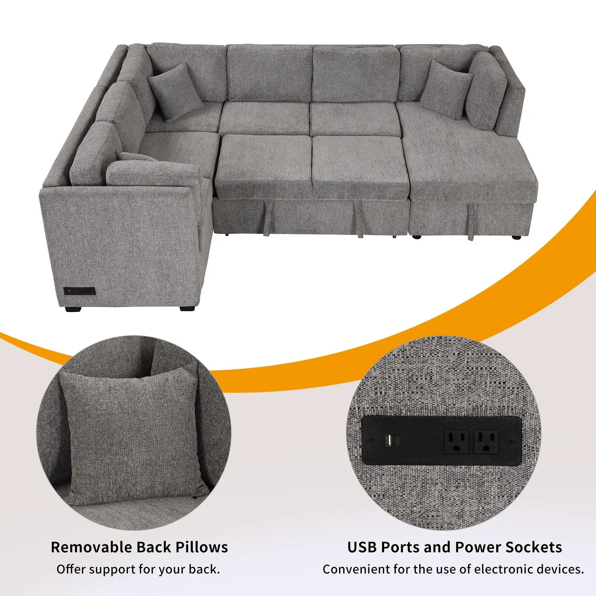 U-Shaped Sectional Sofa Pull Out Sofa Bed With Two USB Ports, Two Power Sockets, Three Back Pillows And A Storage Chaise For Living Room by HouseOfZazla