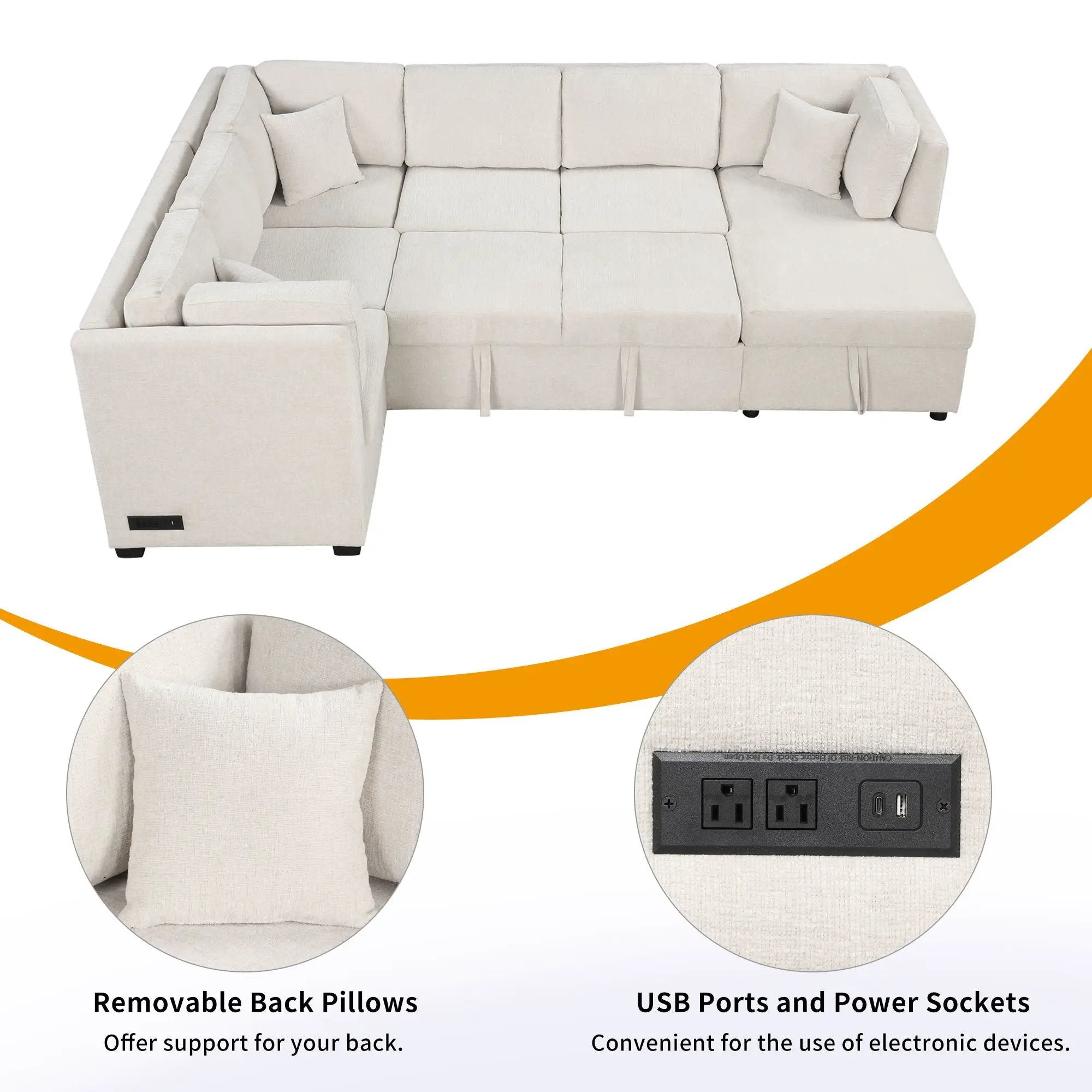U-Shaped Sectional Sofa Pull Out Sofa Bed With Two USB Ports, Two Power Sockets, Three Back Pillows And A Storage Chaise For Living Room by HouseOfZazla