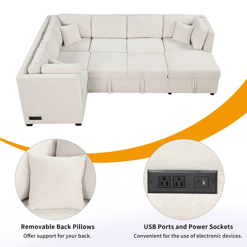 U-Shaped Sectional Sofa Pull Out Sofa Bed With Two USB Ports, Two Power Sockets, Three Back Pillows And A Storage Chaise For Living Room by HouseOfZazla
