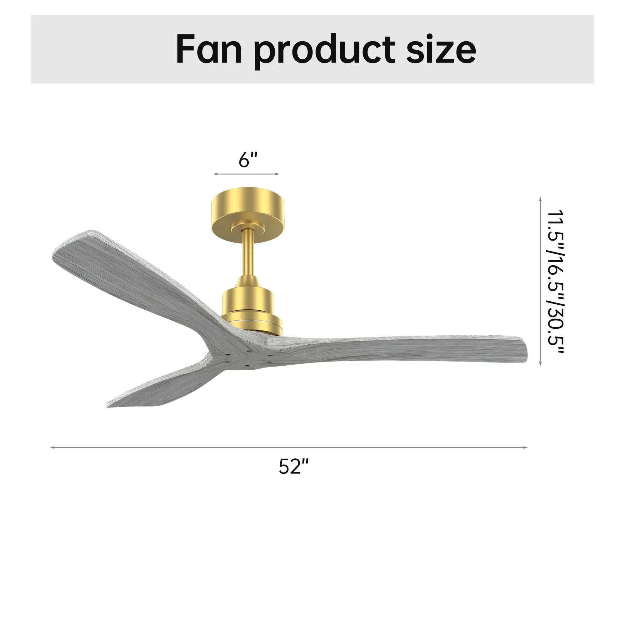 Indoor Ceiling Fan Without Light 3 Solid Wood Blades Remote Control Reversible Dc Motor - Gold by HouseOfZazla