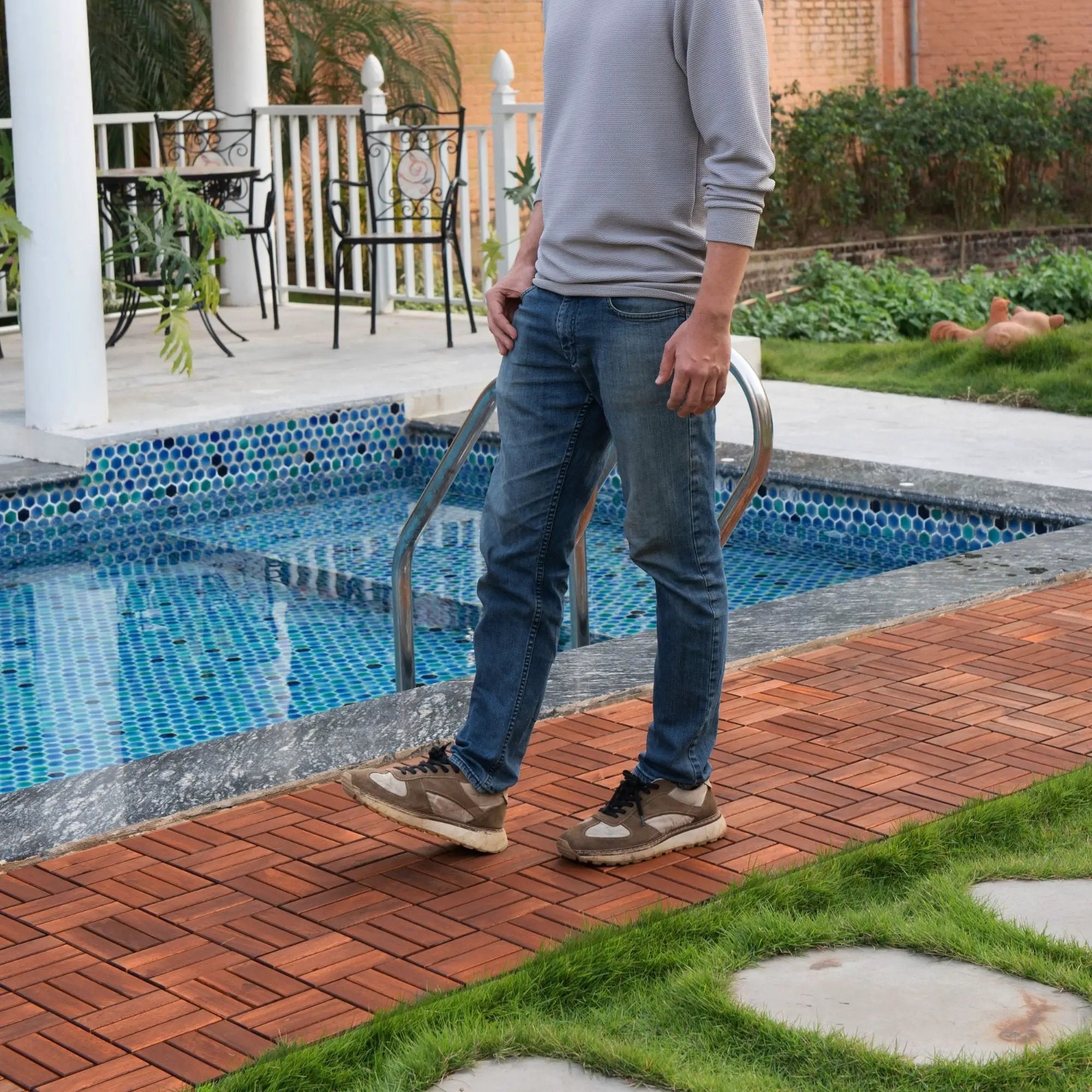 Interlocking Deck Tiles Checker Pattern, Square Acacia Hardwood Outdoor Flooring For Patio, Bancony, Pool Side by HouseOfZazla