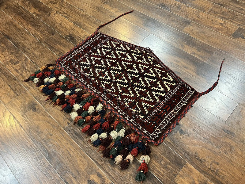 Antique Turkoman Camel Trapping, Turkoman Asmalyk, Red Black Ivory, Handmade, Hand Knotted Tribal Collectible Rug, Rare by Jewel Rugs
