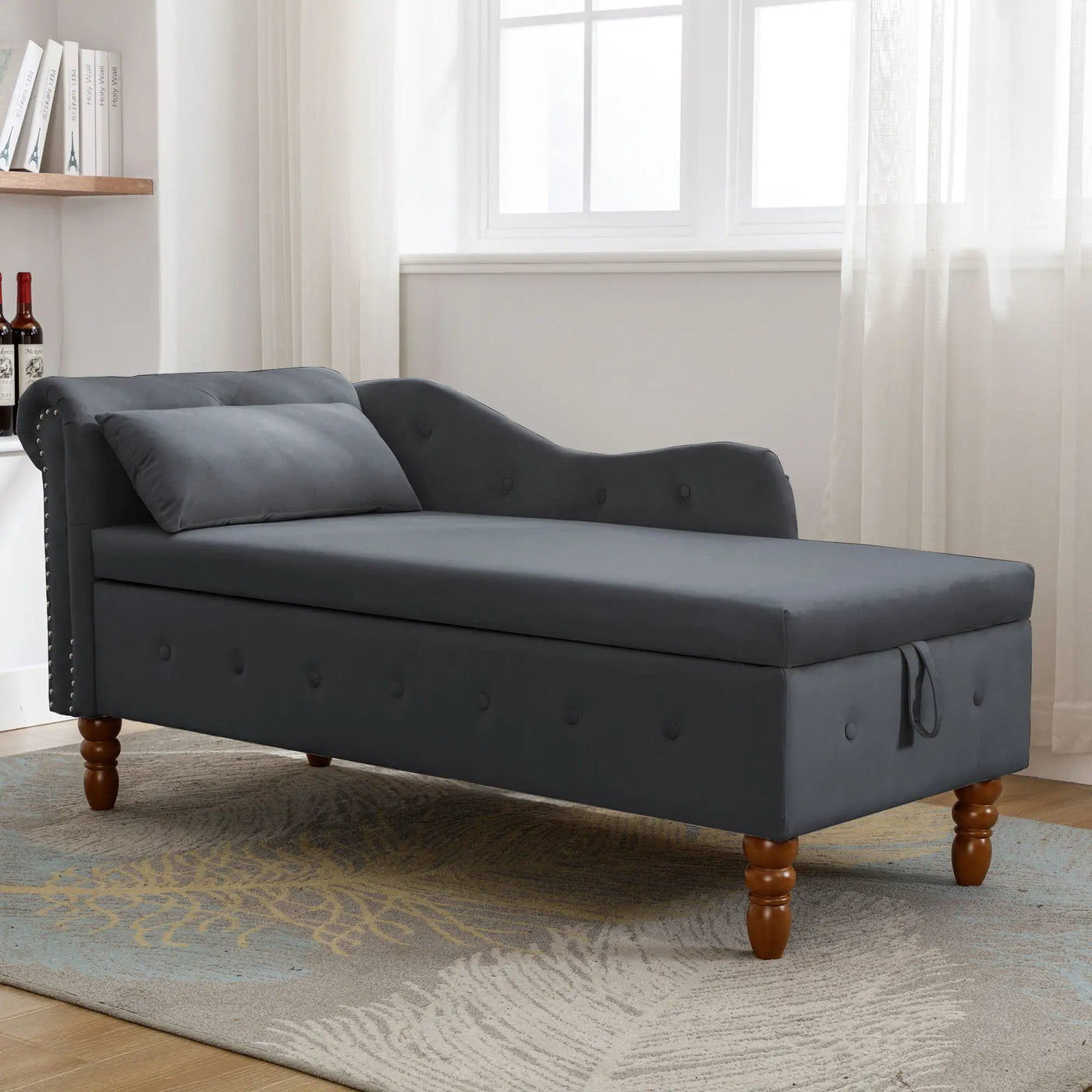 Chaise Lounge Indoor, Lounge Chair For Bedroom With Storage & Pillow, Modern Upholstered Rolled Arm Chase Lounge For Sleeping With Nailhead Trim For Living Room Bedroom Office by Unique Piece Furniture