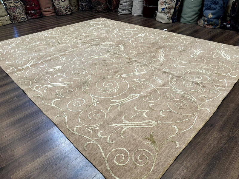 Tibetan Rug 9x12 Wool and Silk Beige Modern Handmade Carpet by Jewel Rugs
