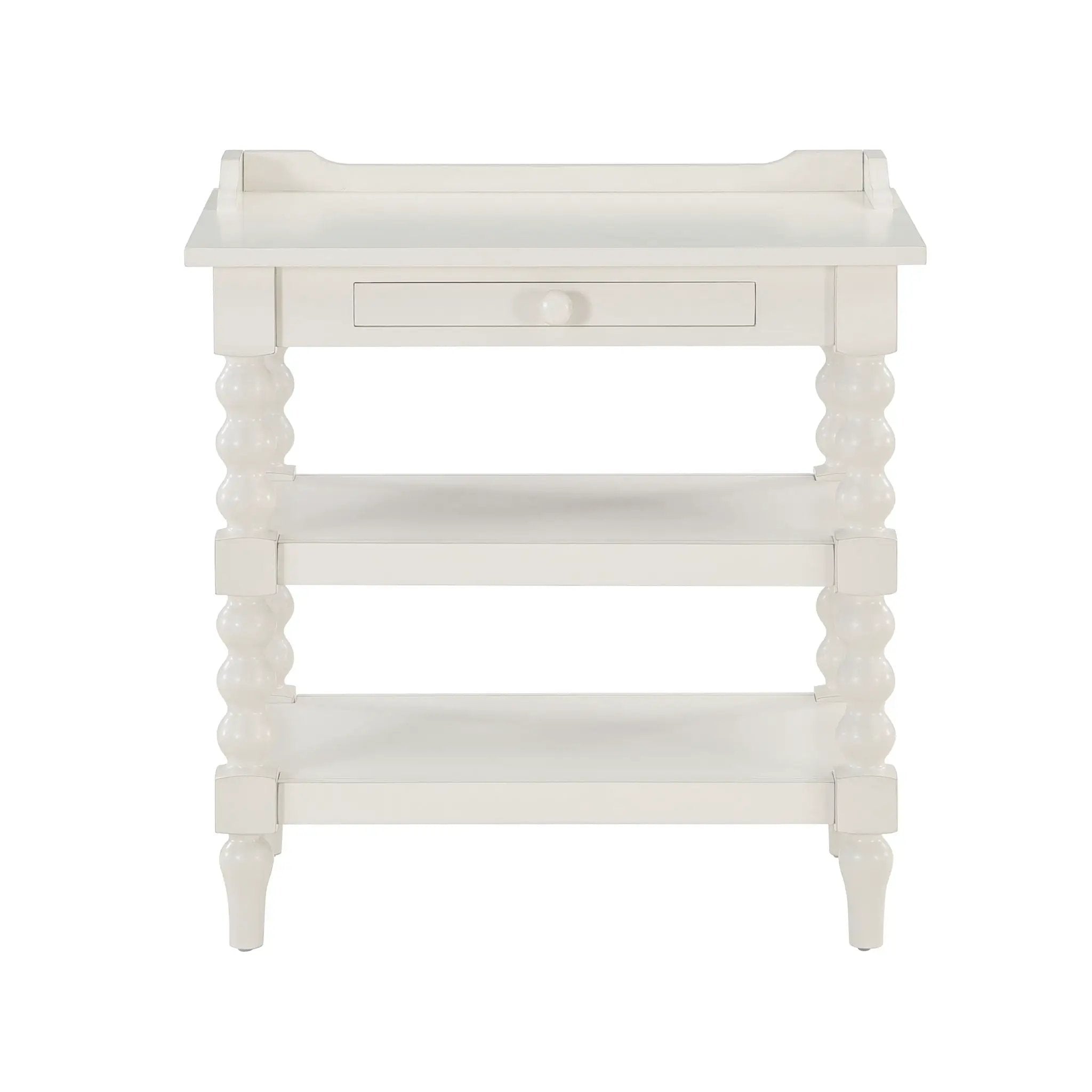 Aria - Nightstand With Styling, 2 Shelves, Pull Out Tray, Spool Turned Legs - Antique White by HouseOfZazla