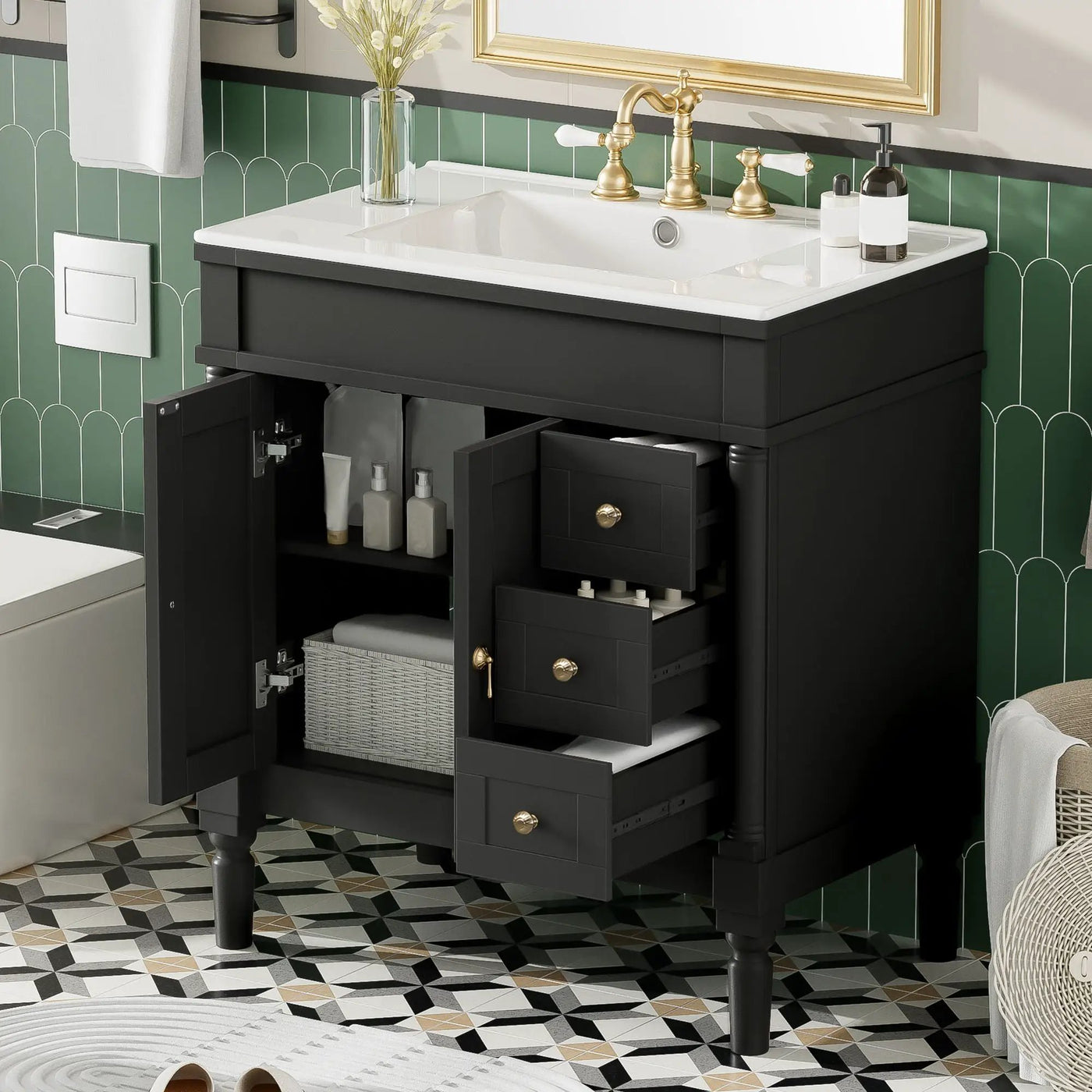 Bathroom Vanity With Ceramic Sink, 2 Doors 3 Drawers, Soft Close Design by Unique Piece Furniture