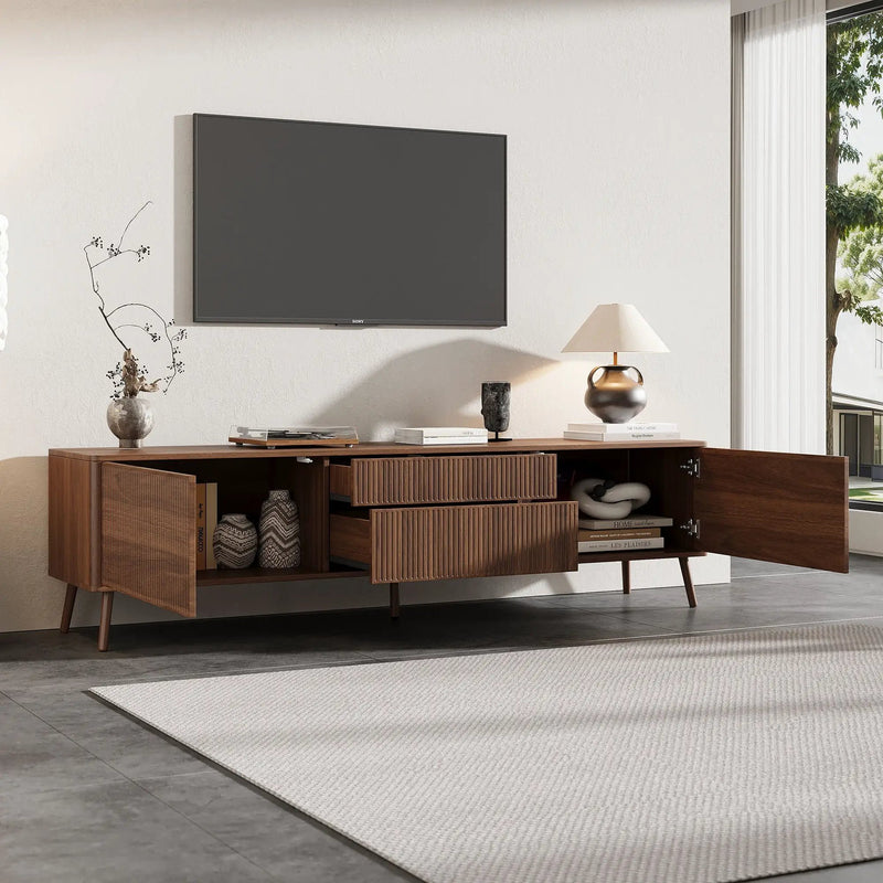 Fluted TV Stand With Storage Drawers And Cabinets For TVs Up To 80", Soft-Close Hinges, Cable Management - Walnut by Unique Piece Furniture