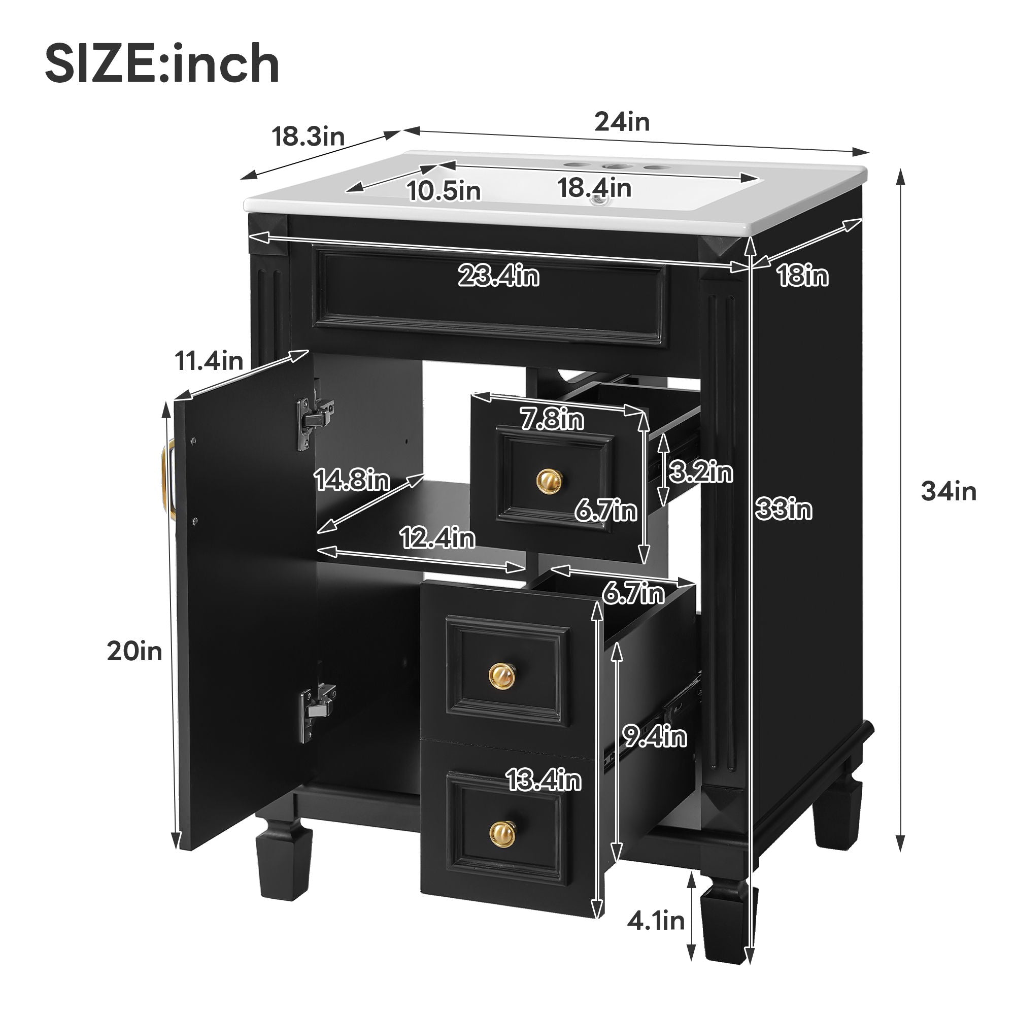Bathroom Vanity With Sink, Compact Cabinet & 2 Drawers And Adjustable Shelf by Unique Piece Furniture