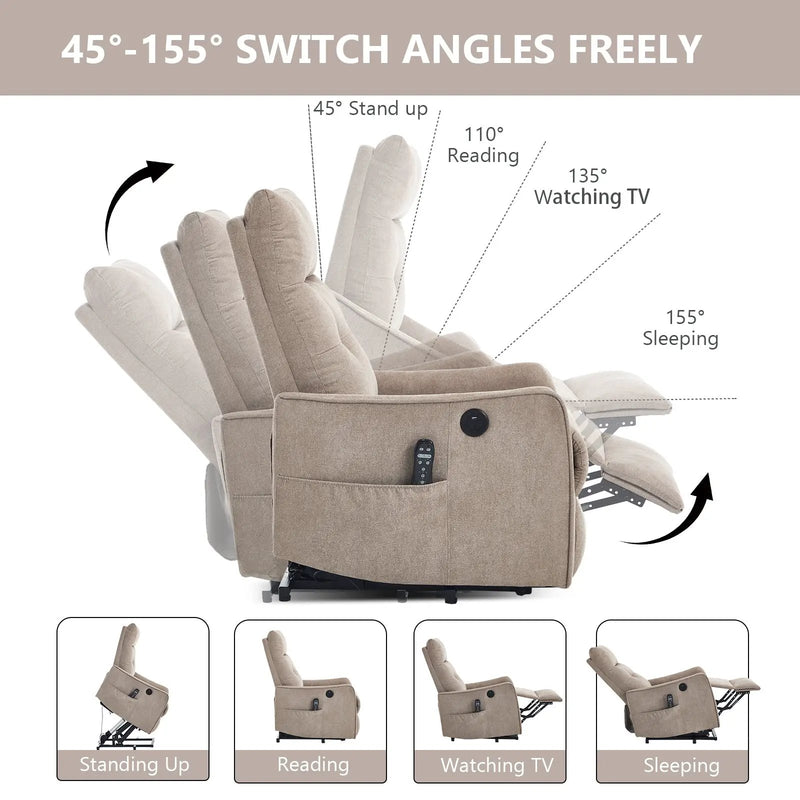 Khaki Chenille Power Lift Recliner Chair with Massage and Heat by HouseOfZazla