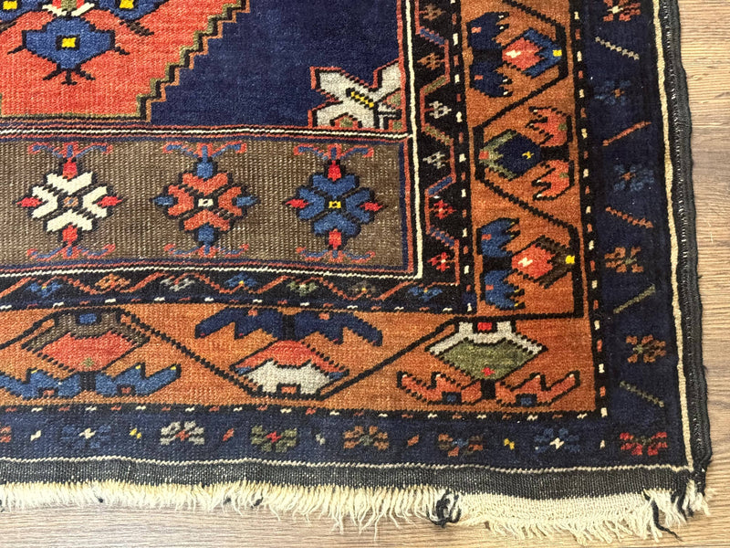 Persian Rug 3x6, Geometric Medallion, Village Tribal Rug, Terracotta and Navy Blue, Antique Nahavand Hamadan Rug by Jewel Rugs