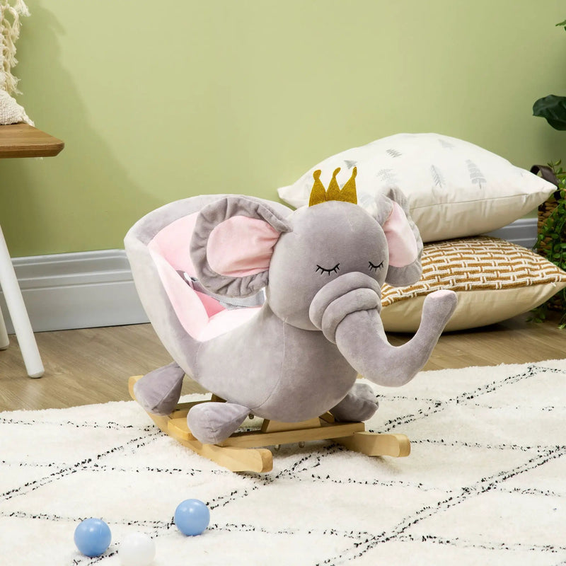 Qaba - Baby Rocking Horse Elephant Rocking Chair Toddler Rocker Toy With Sound Wooden Base Seat Safety Belt For 1.5-3 Year Old - Gray by HouseOfZazla