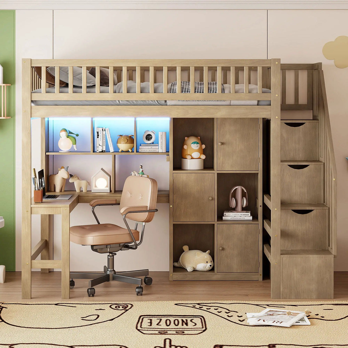 Loft Bed With Built In L Shaped Desk, LED Lights, Storage Shelves, Cabinets, And Staircase by HouseOfZazla