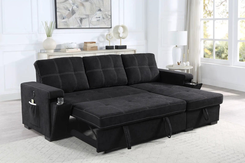 Toby - Woven Fabric Reversible Sleeper Sectional Sofa With Storage Chaise Cup Holder Charging Ports And Pockets by HouseOfZazla