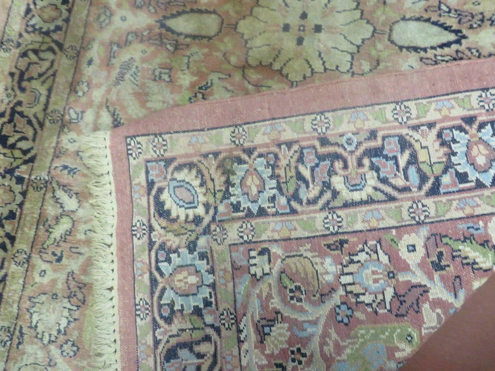 Indian Silk Rug 4x6, Indian Kashmiri Silk Carpet 4 x 6 ft, Vintage Hand Knotted Floral Bird Motifs, Light Pink and Navy Blue, Silk on Cotton by Jewel Rugs