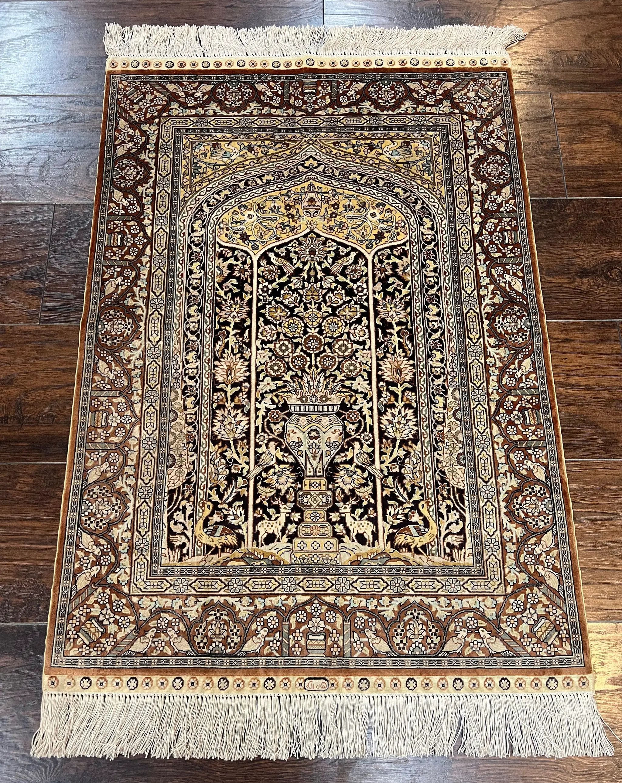 Turkish Silk Hereke Rug 2x3, Floral Vase Tree of Life Birds, Silk Pile on Silk Foundation, Vintage Oriental Carpet, Very Fine, Signature by Jewel Rugs