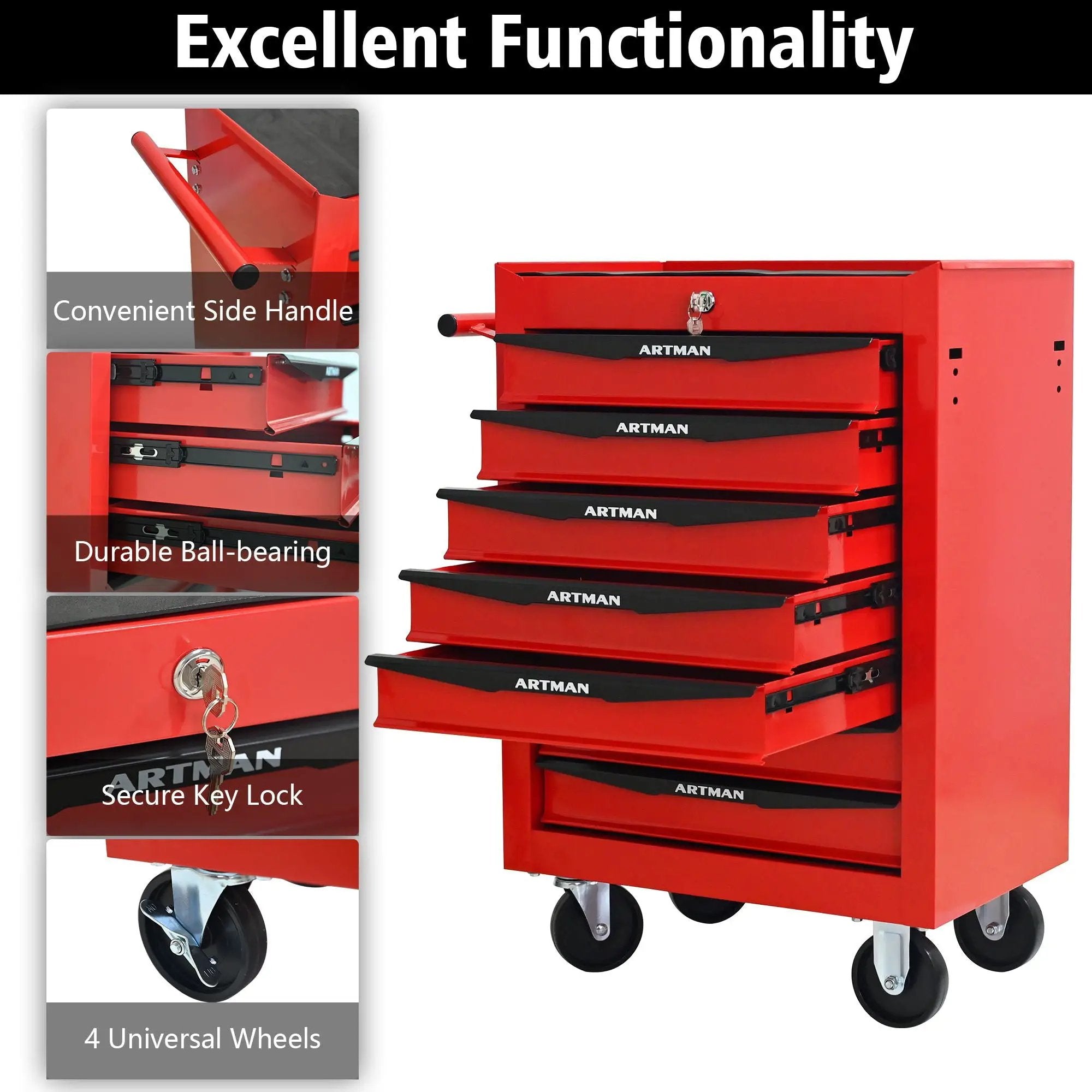 Rolling Metal Tool Chest With Drawers, Steel Storage Cabinet With Ball Bearing Slides by HouseOfZazla