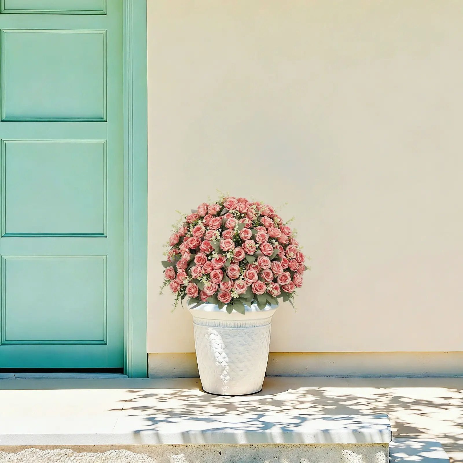 Artificial Rose Decoration With UV Resistant Silk Petals, Durable Stems In Cement Pot, Indoor Outdoor Potted Floral Arrangement - Green / Pink by HouseOfZazla