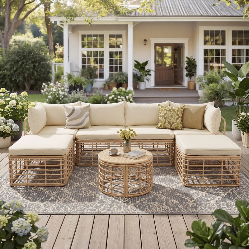 7 Pieces Outdoor Patio Furniture, All-Weather Rattan Sectional Sofa Set with Thick Cushions and Pillows, Freely Combined Conversation Sets for Garden, Backyard, Balcony, Brown by HouseOfZazla