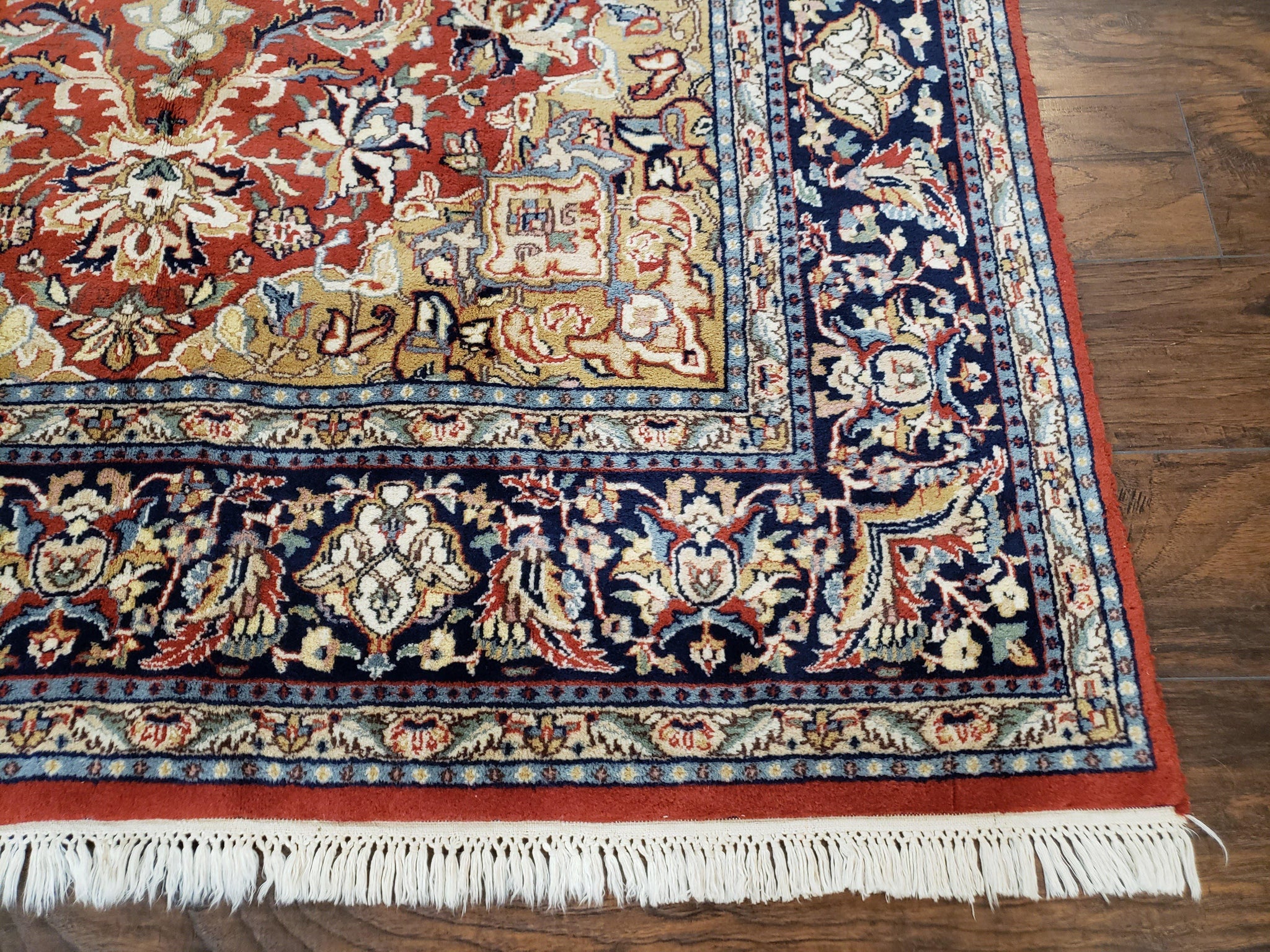 Vintage Indo Persian Oriental Rug 6 x 9.6, Wool Hand-Knotted Red Dark Blue & Gold Indian Carpet, 6 x 9 Office Room Rug, Floral Medallion by Jewel Rugs