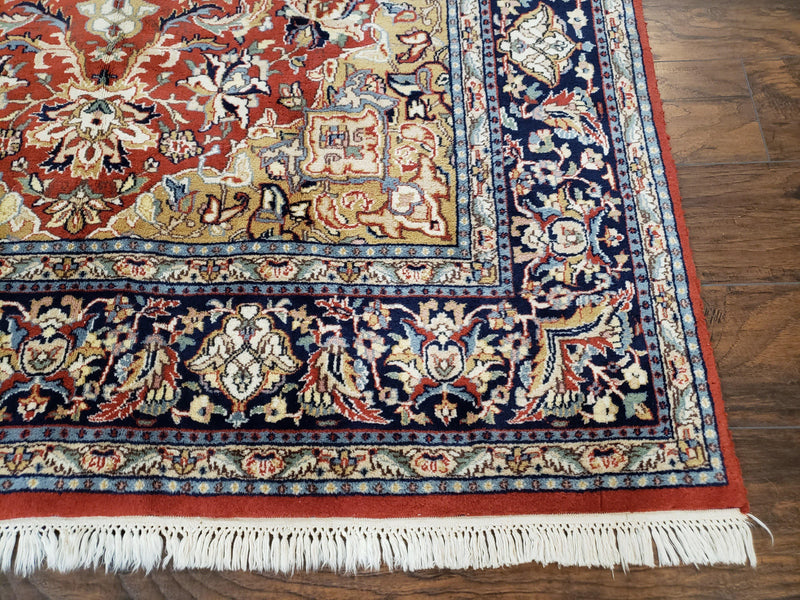 Vintage Indo Persian Oriental Rug 6 x 9.6, Wool Hand-Knotted Red Dark Blue & Gold Indian Carpet, 6 x 9 Office Room Rug, Floral Medallion by Jewel Rugs