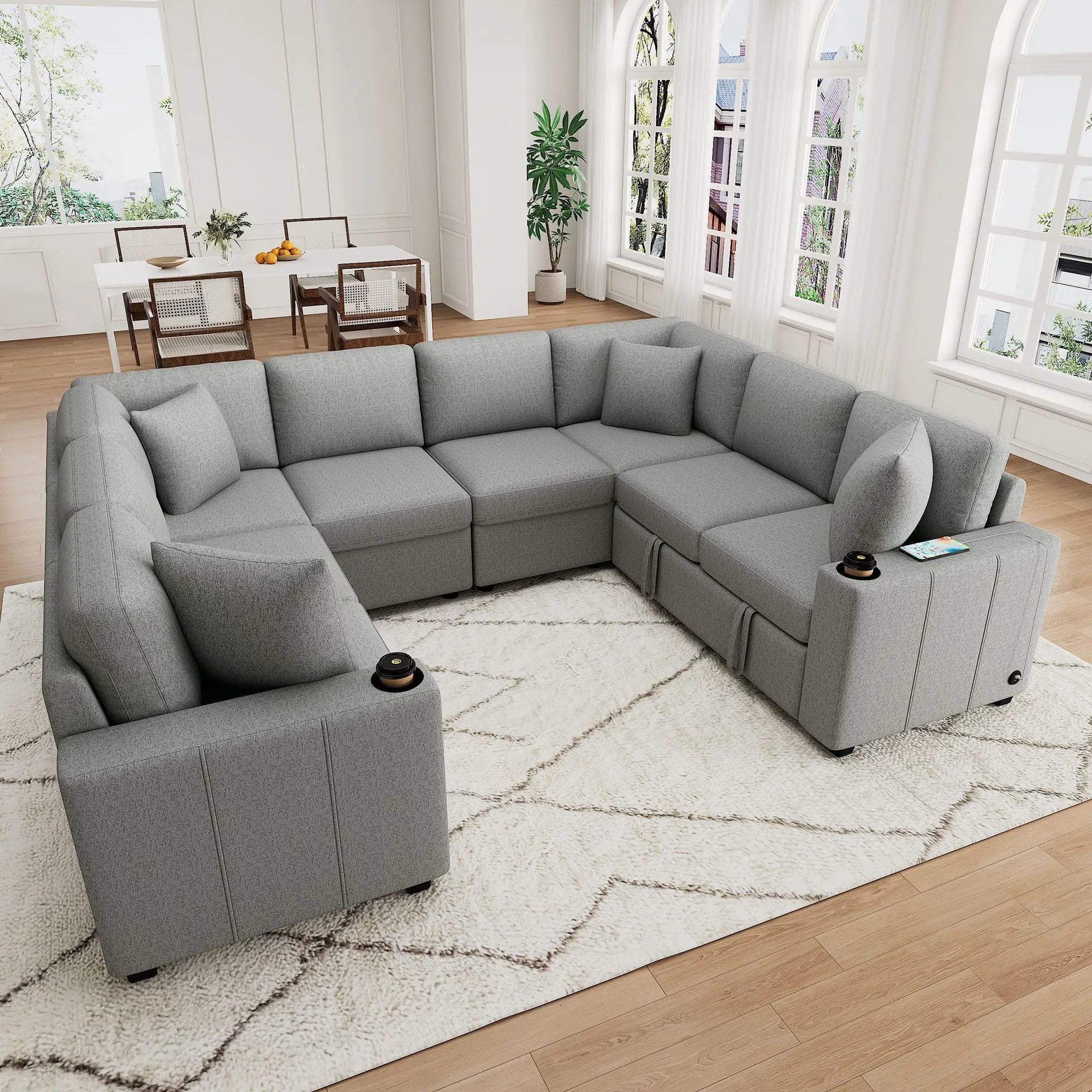 Modern U-Shaped Sectional Sofa Convertible Pull-Out Sofa Bed With USB Ports And Cup Holders by Unique Piece Furniture