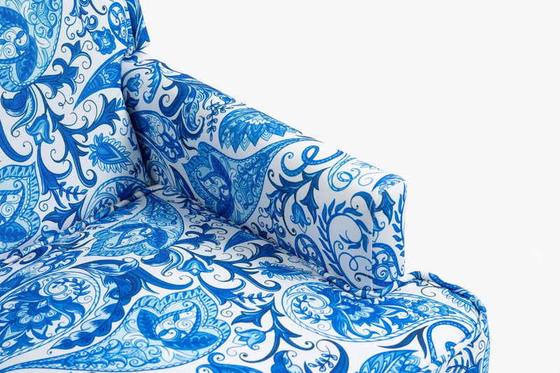Upholstered Accent Chair with Blue and White Porcelain Print Linen Fabric by HouseOfZazla