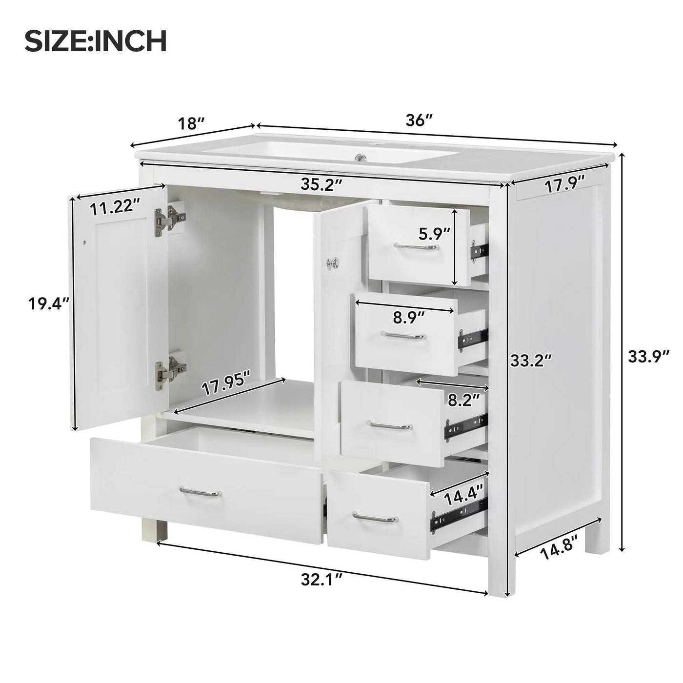 Bathroom Vanity With Ceramic Sink Combo, Abundant Storage Cabinet 2 Soft Close Doors And 5 Drawers by Unique Piece Furniture