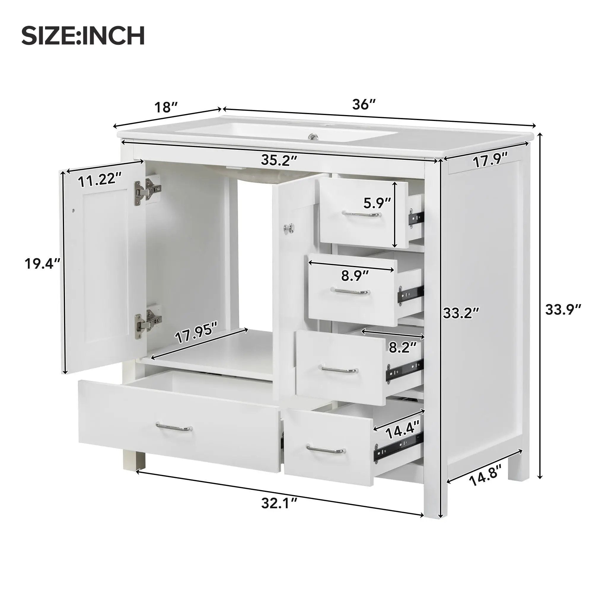 Bathroom Vanity With Ceramic Sink Combo, Abundant Storage Cabinet 2 Soft Close Doors And 5 Drawers by Unique Piece Furniture