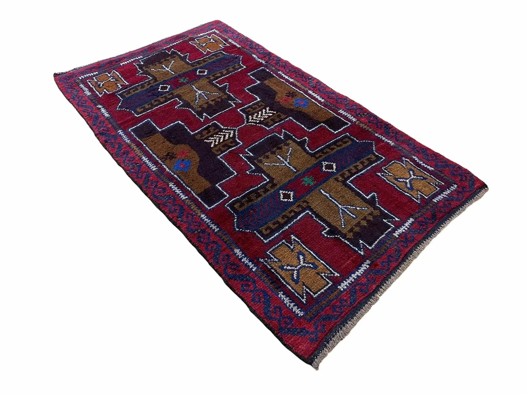 2' 10" X 4' 9" Vintage Handmade Tribal Wool Rug Balouchi Rug Afghan Rug Red Blue by Jewel Rugs