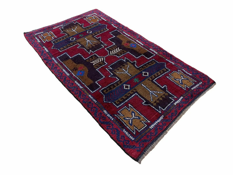 2' 10" X 4' 9" Vintage Handmade Tribal Wool Rug Balouchi Rug Afghan Rug Red Blue by Jewel Rugs