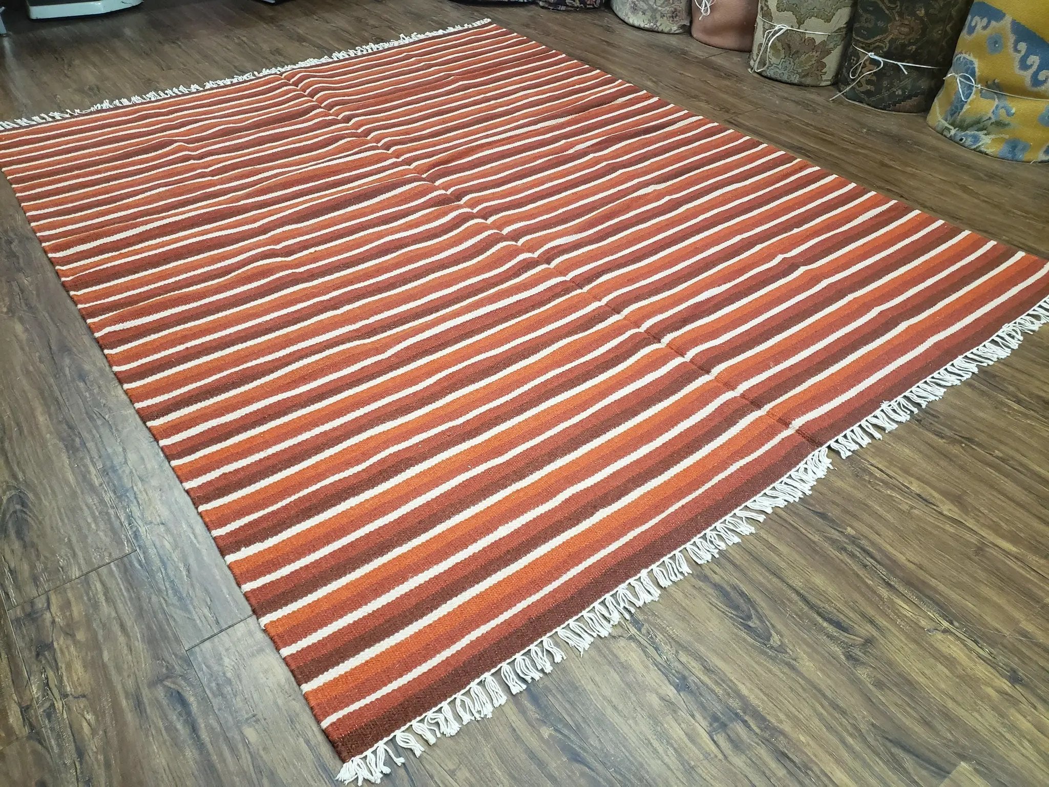 Large Striped Woolen Handmade Throw Blanket, Twin Size Bedding Hand-Woven, Indian Kilim Area Rug, 6x8 - 7x8, South American Style Textile by Jewel Rugs