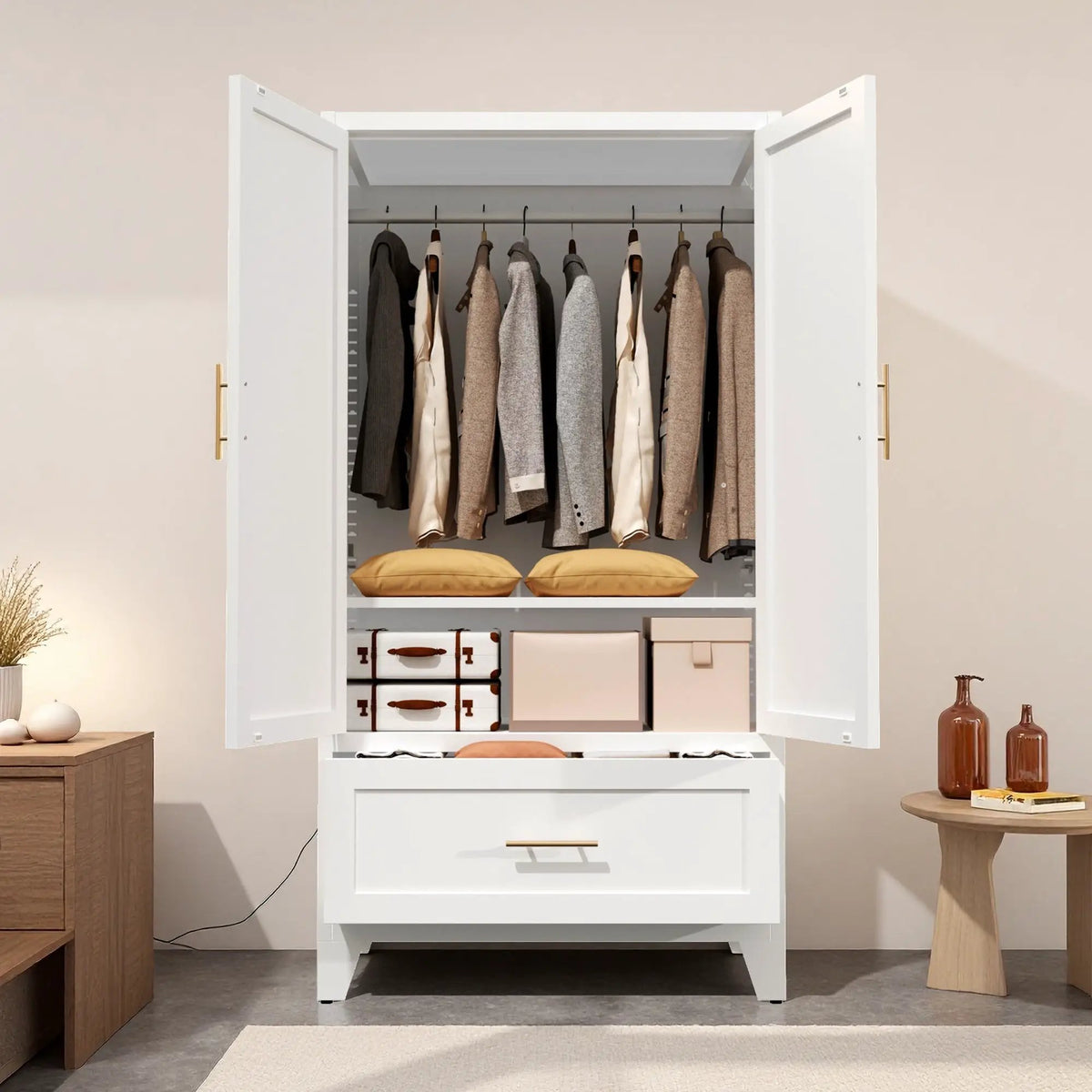 60" Tall Metal Wardrobe Cabinet with Drawer and Hanging Rod by HouseOfZazla
