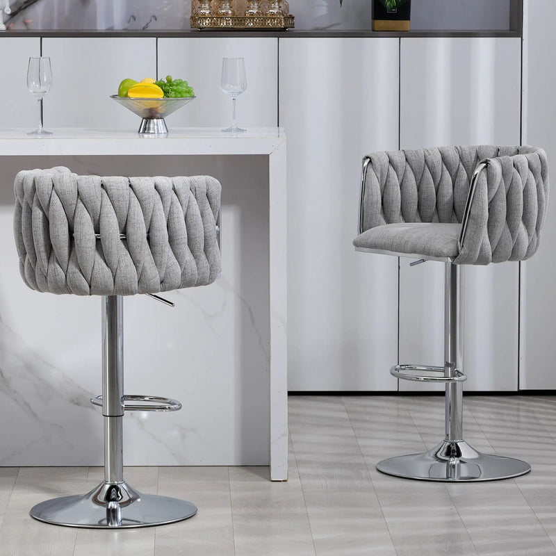 360 Degree Swivel Bar Stools Adjustable Counter Height Bar Chairs With Woven Back & Footrest, Silver Chromed Bar Stools For Kitchen Island (Set of 2) - Gray by Unique Piece Furniture
