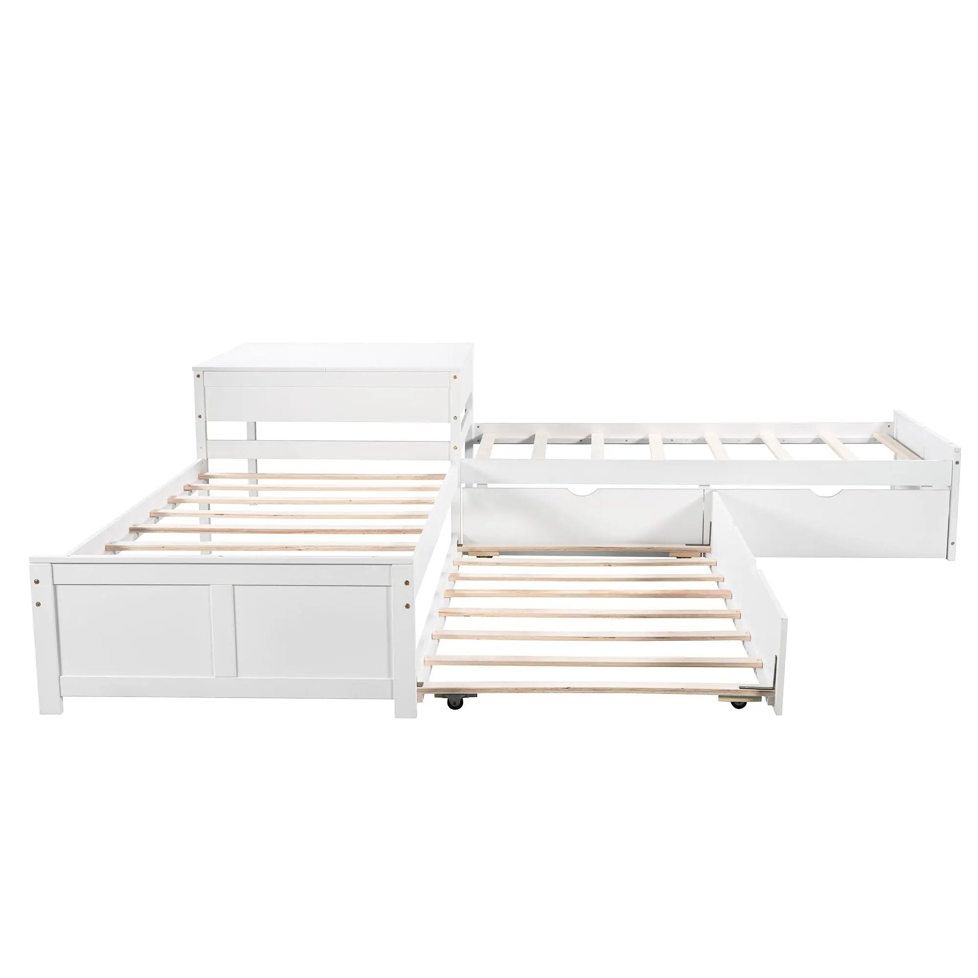 L Shaped Platform Bed With Trundle And Drawers Linked With Built In Desk by Unique Piece Furniture