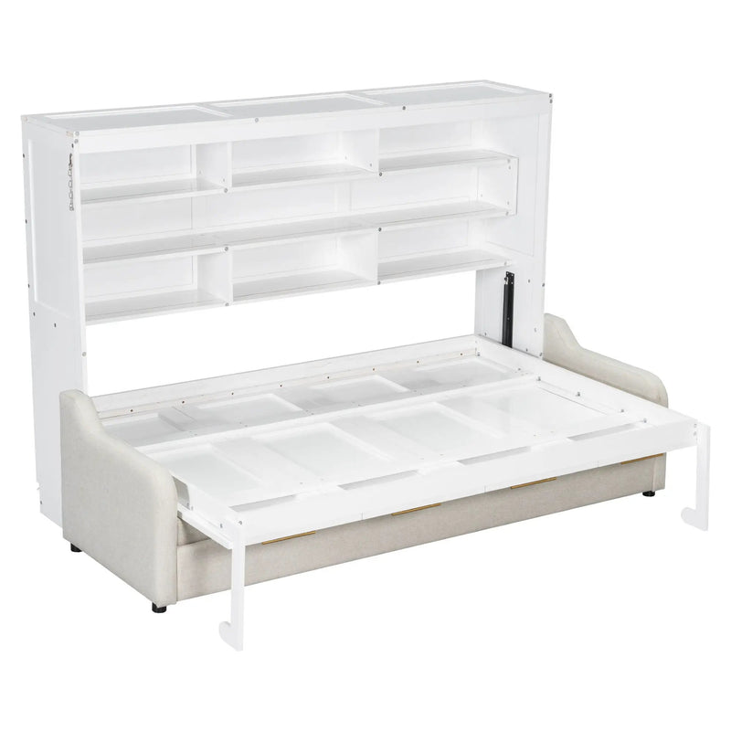 Murphy Cabinet Bed With Folding Sofa, Built In Storage Shelves And LED Light