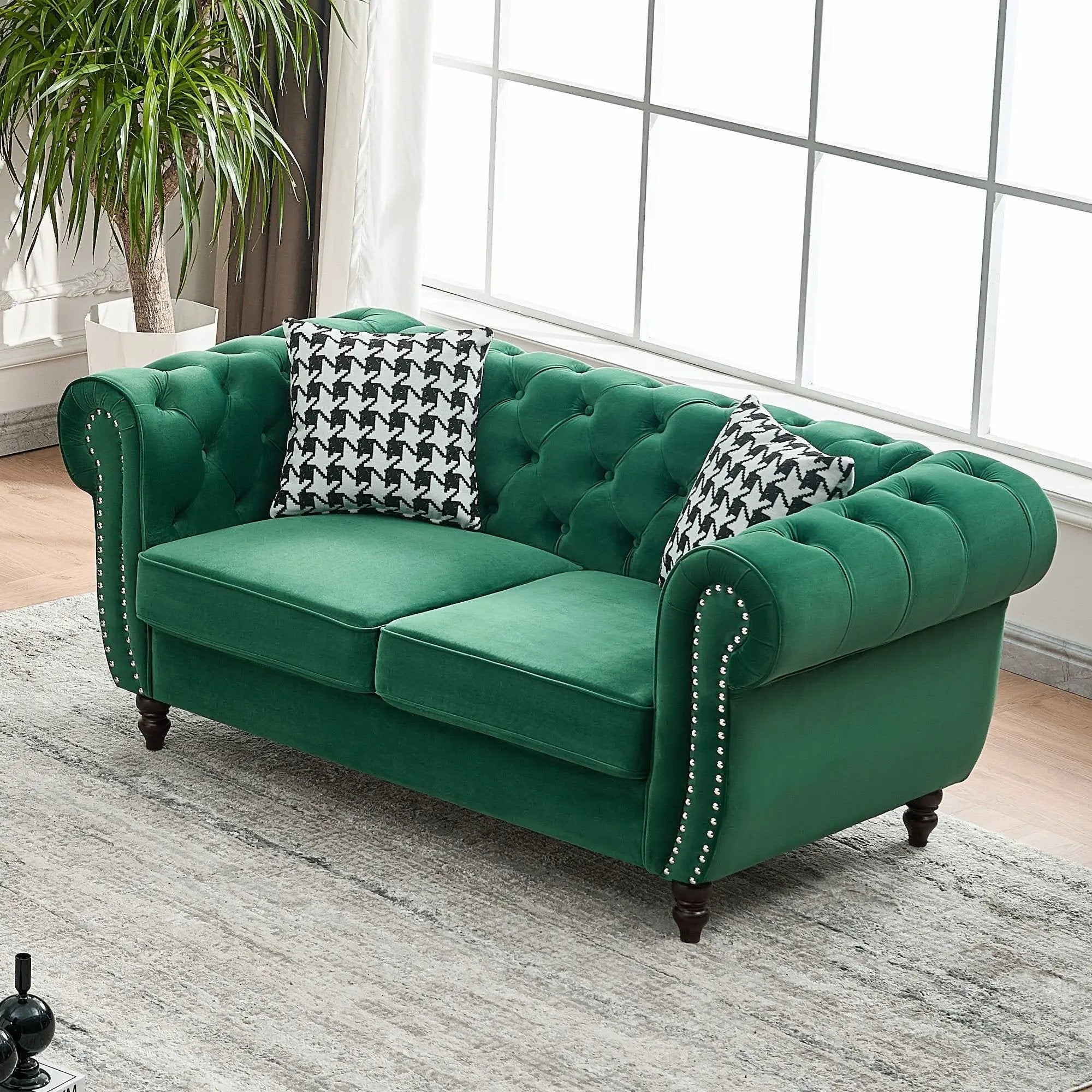 Chesterfield Fabric Sofa With Roll Armrest And Nailhead, Mid Century 2 Seater Couch by HouseOfZazla