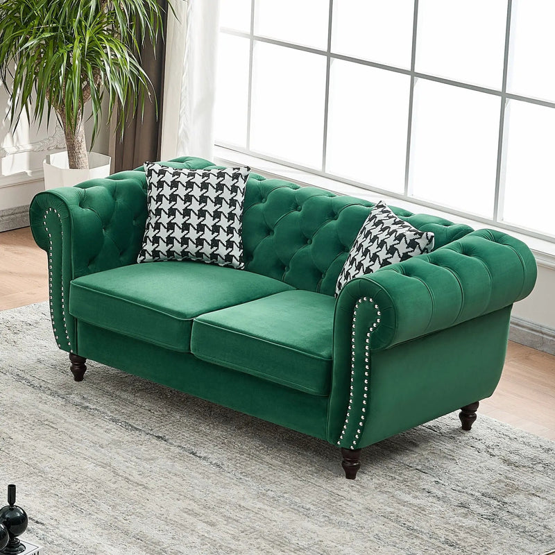 Chesterfield Fabric Sofa With Roll Armrest And Nailhead, Mid Century 2 Seater Couch by Unique Piece Furniture