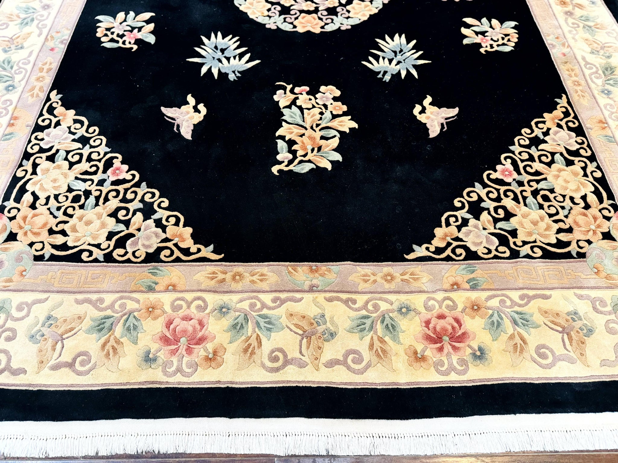 Chinese Wool Rug 9x12, Chinese Carving Carpet, Floral Medallion, Black and Beige, Butterflies, Vintage Asian Oriental Rug, 90 Line Rug by Jewel Rugs