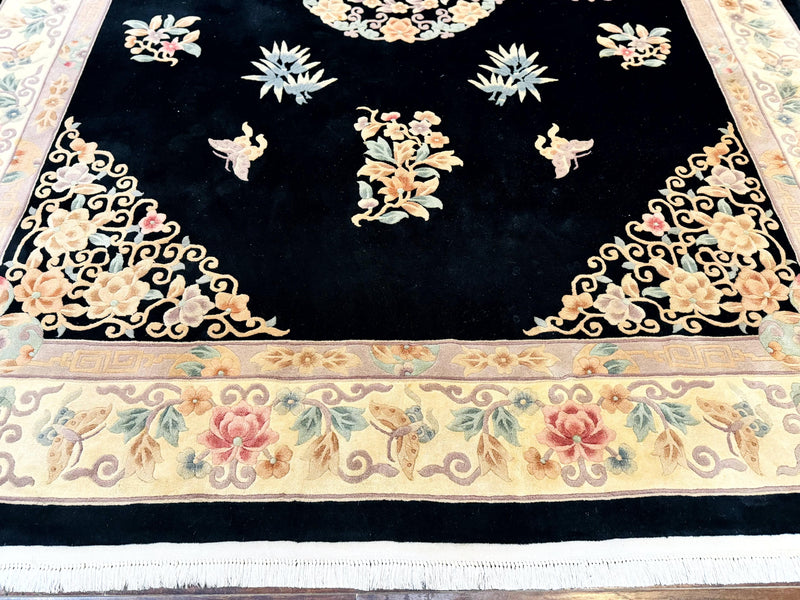 Chinese Wool Rug 9x12, Chinese Carving Carpet, Floral Medallion, Black and Beige, Butterflies, Vintage Asian Oriental Rug, 90 Line Rug by Jewel Rugs