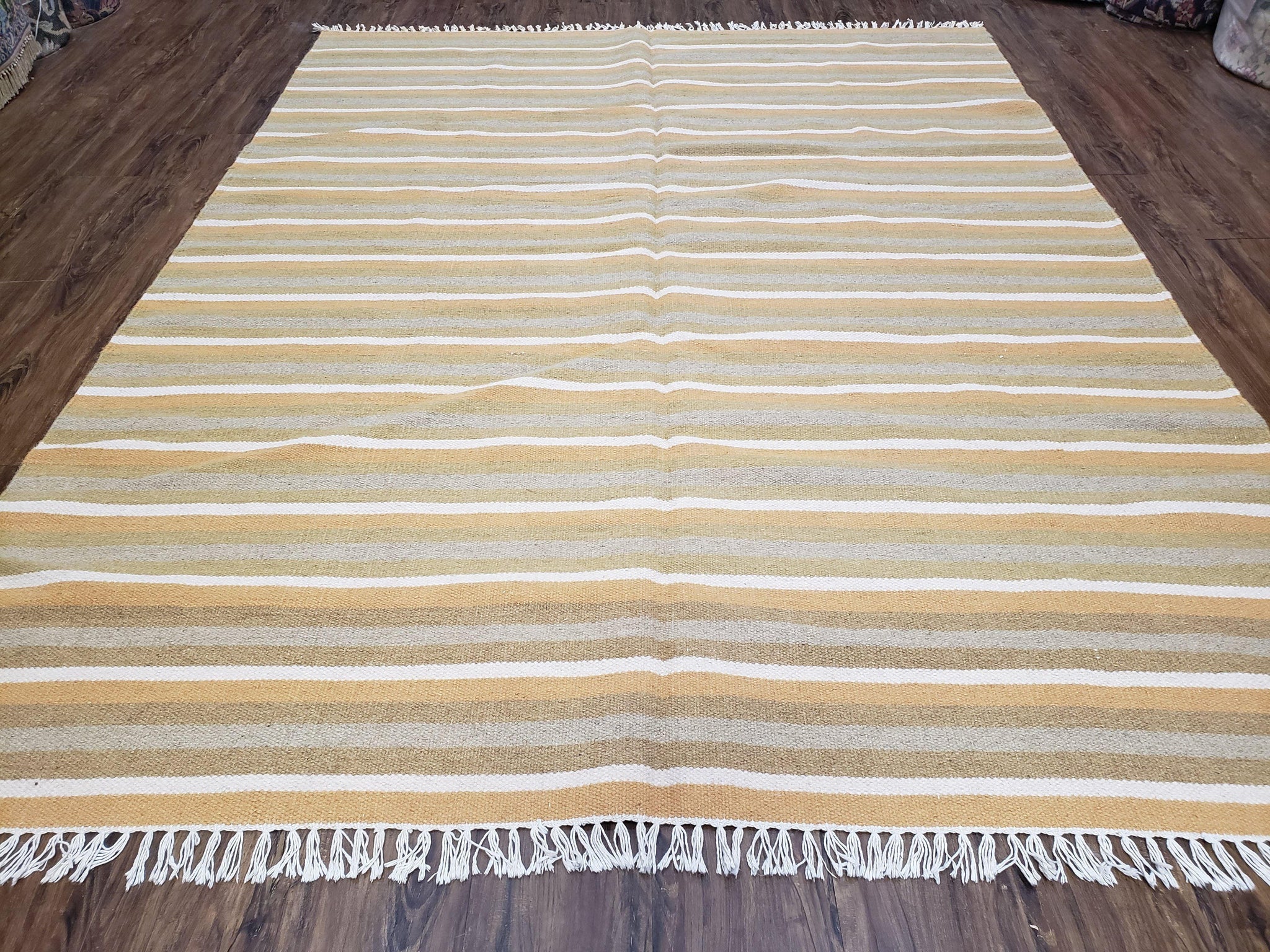 New Indian Kilim Area Rug, 6x8 - 7x8 South American Style Blanket, Striped Indian Wool Hand-Woven Flat Weave 6x9 Bedroom Rug, Ivory Ochre by Jewel Rugs